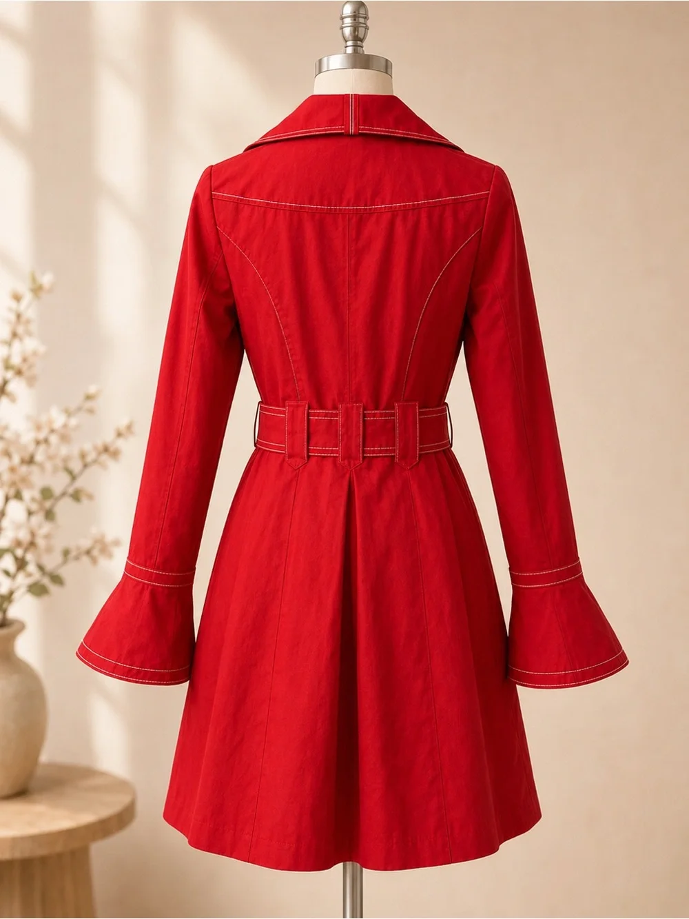 Laundry By Design Red Coat Bell Sleeve Trench Jacket Belted Cotton Fabulous - Picture 5 of 13